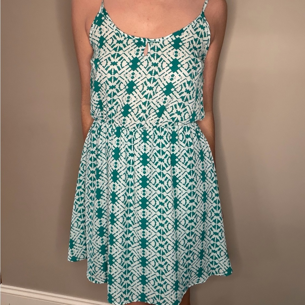 Francesca’s Teal and White Boho Flowy Keyhole Summer Dress